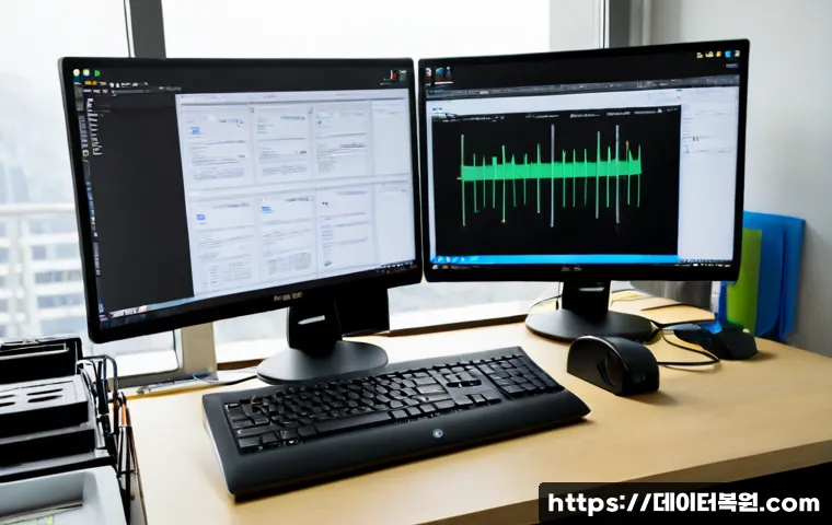 동자동 STATUS_FILE_CORRUPTION - Photorealistic IT support workstation in a compact Seoul apartment office near Dongja-dong, dual mon...