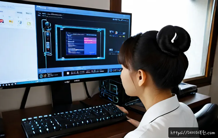 직동 VIDEO_DRIVER_INIT_FAILURE - Photorealistic remote-support workstation in a quiet Korean suburban home office, dual monitors with...
