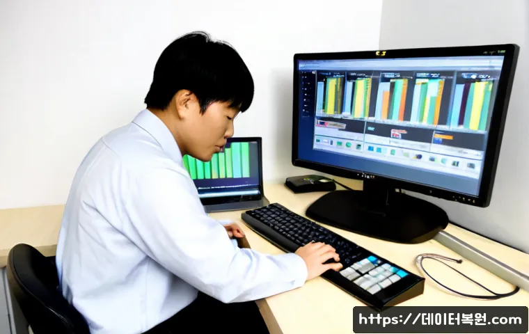 답십리동 UDFS_FILE_SYSTEM - Photorealistic IT support workstation in Dapsimni-dong, Seoul, technician examining a desktop monito...