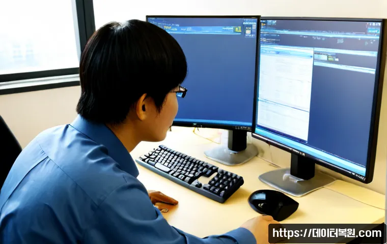 평동 STATUS_SYSTEM_FILE_MISSING - Photorealistic IT support workstation in a Pyeongdong industrial office, dual monitors showing an ab...