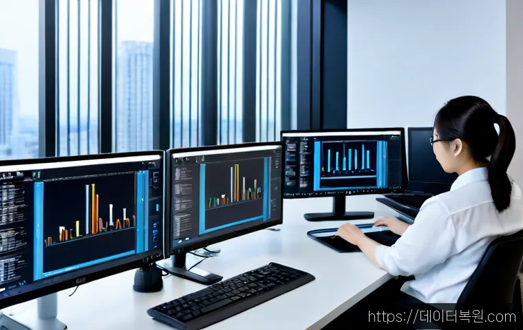 금천구 STATUS_KERNEL_MEMORY_LEAK - Photorealistic IT support workstation in a modern digital-complex office, dual monitors showing abst...
