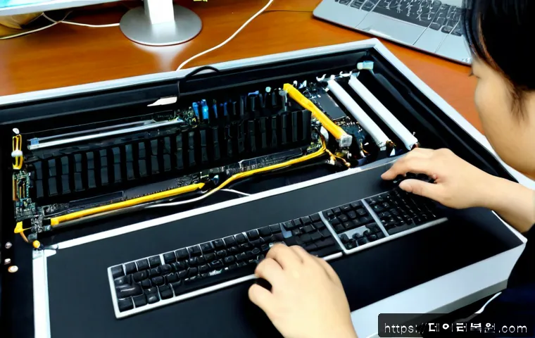 송파구 아이맥 판매 및 수리 - Photorealistic computer repair workshop in Songpa, Seoul, technician carefully servicing a slim silv...