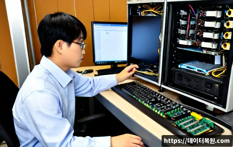 공덕동 HARDWARE_FAILURE - Photorealistic IT support workstation in a modern Gongdeok office tower, technician diagnosing a des...