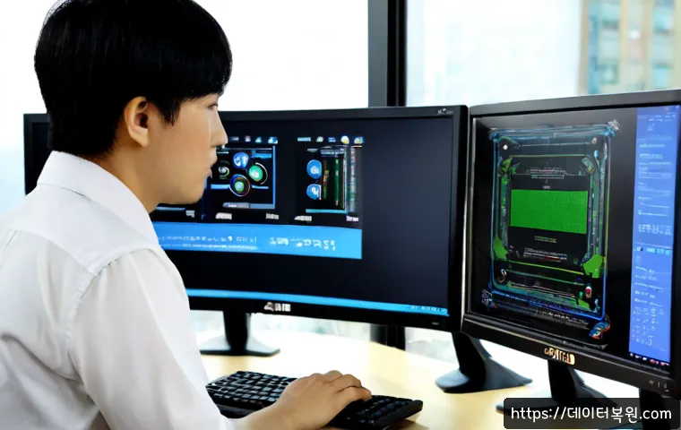불광동 STATUS_KERNEL_MODE_EXCEPTION - Photorealistic IT support workstation in a compact Eunpyeong-gu office, dual monitors showing a blan...