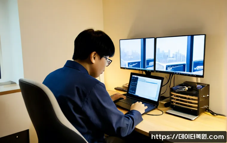 대현동 CDFS_FILE_SYSTEM - Photorealistic IT recovery workstation in Daehyeon-dong, Seoul, dual monitors showing abstract file-...