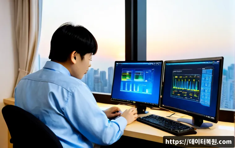 원신동 SYSTEM_SERVICE_EXCEPTION - Photorealistic IT support workstation in a compact Wonsin-dong apartment office, dual monitors showi...