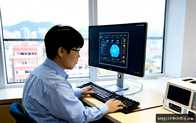 가학동 STATUS_KERNEL_MODULE_ACCESS_DENIED - Photorealistic IT support workstation in a compact Korean suburban office, dual monitors showing a c...