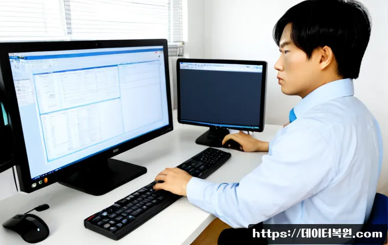 성사동 컴퓨터멈춤 - Photorealistic remote-support workstation in Seongsa-dong, a desktop monitor frozen during detailed ...