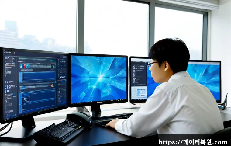숭인동 STATUS_STACK_UNDERFLOW - Photorealistic IT support workstation in a compact Seoul neighborhood office, dual monitors showing ...