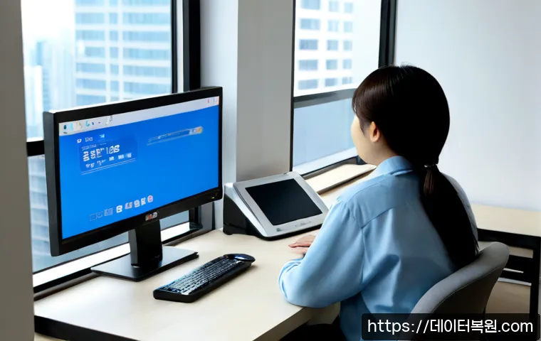 옥수동 pc에 문제가 발생하여 다시 시작해야 합니다 - Photorealistic remote-support scene in a compact Oksoo-dong apartment office, desktop monitor showin...