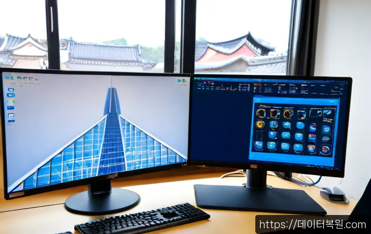 충신동 STATUS_KERNEL_CONFIGURATION_ERROR - Photorealistic IT support workstation in a compact Chongshin-dong office, dual monitors showing abst...