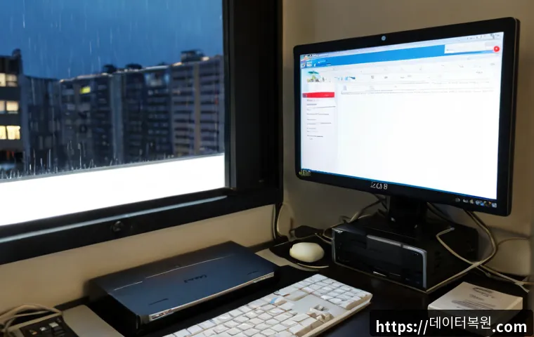 응암동 STATUS_FILE_WRITE_FAILURE - Photorealistic IT support workstation in a compact Eungam-dong apartment office, dual monitors showi...
