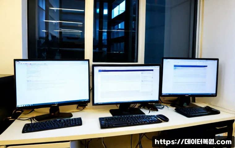 대방동 STATUS_MEMORY_ACCESS_DENIED - Photorealistic IT support workstation in Daebang-dong, Seoul, dual monitors showing abstract permiss...