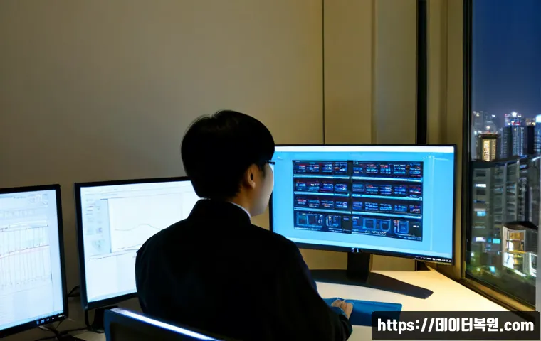 신설동 STATUS_KERNEL_MEMORY_LEAK - Photorealistic IT support workstation in a compact Sinseol-dong office, dual monitors showing abstra...