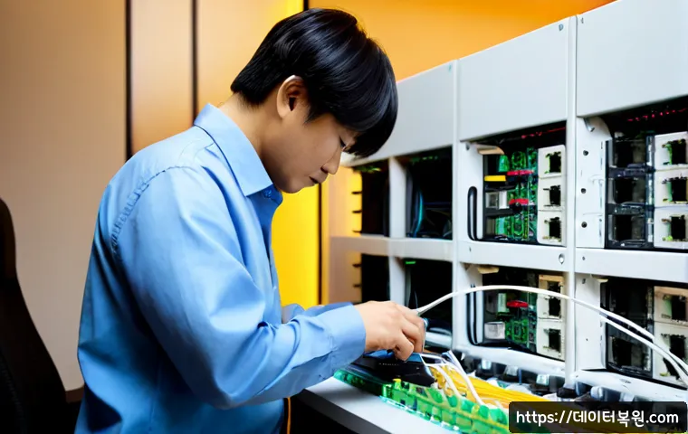 행운동 네트워크구축 설정 및 세팅오류해결 - Photorealistic IT technician configuring a compact office network in a modern Haengun-dong workspace...