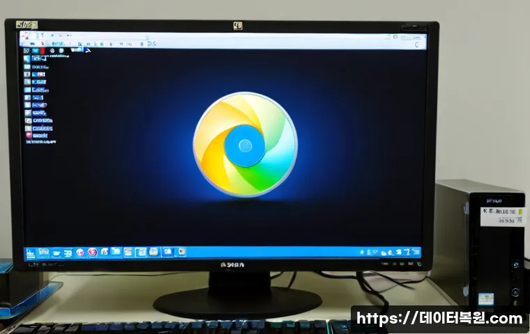 풍산동 STATUS_DISK_NOT_INITIALIZED - Photorealistic IT support workstation in Pungsan-dong, a desktop monitor showing an abstract unforma...
