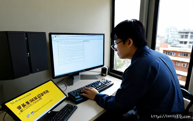 본동 STATUS_NO_MEMORY - Photorealistic IT support workstation in a compact hillside neighborhood office, exhausted desktop c...