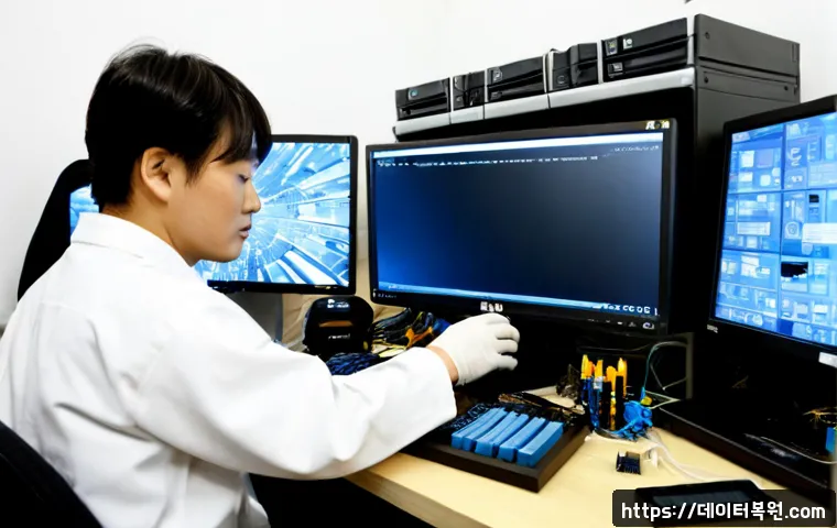 사간동 공장초기화복구 - Photorealistic electronics repair workstation in a compact Seoul workshop, technician recovering a f...
