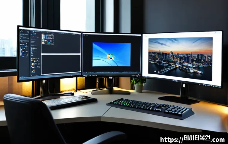 저동 SESSION5_INITIALIZATION_FAILED - Photorealistic IT support workstation in a compact Jeodong office, ultrawide monitor showing a blank...