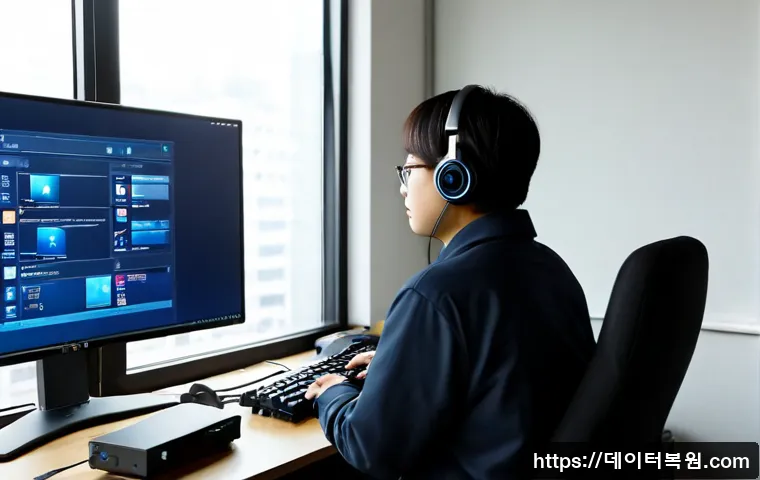 관산동 컴퓨터멈춤 - Photorealistic remote-support workstation in a compact Gwan-san-dong apartment office, frozen deskto...