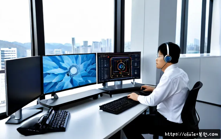 서초구 WATCHDOG_VIOLATION - Photorealistic IT support workstation in a sleek Seocho office, dual monitors showing a frozen engin...