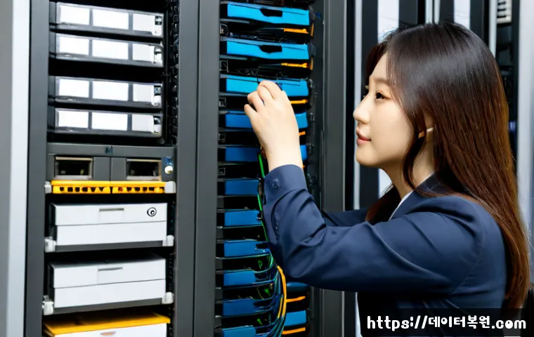 수서동 파일서버출장방문수리점 - Photorealistic on-site file server repair in a compact Suseo-dong office, technician replacing hot-s...
