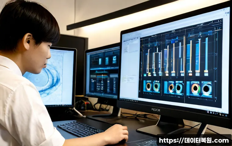 합정동 STATUS_SYSTEM_PROCESS_TERMINATED - Photorealistic IT support workstation in a compact Hapjeong-dong creative studio, dual monitors show...