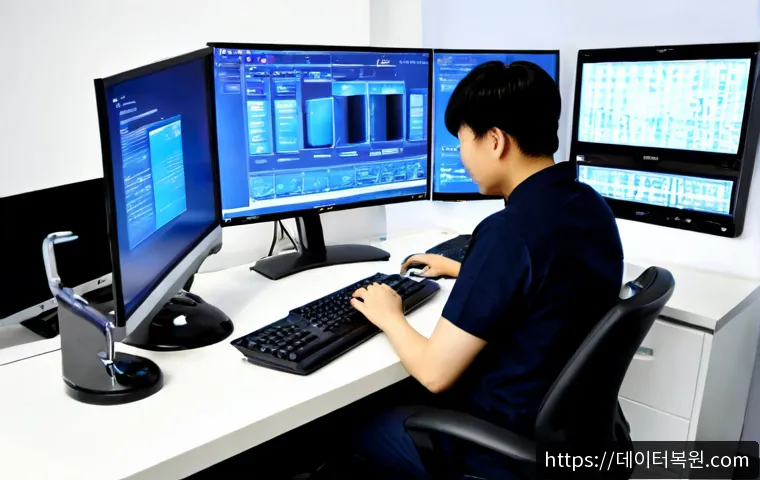 장지동 BUGCODE_USB_DRIVER - Photorealistic IT support workstation in a modern Jangji-dong office, technician reconnecting a USB ...