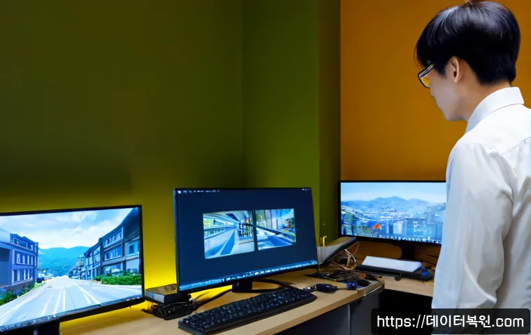 필동 HARDWARE_FAILURE - Photorealistic IT support workstation in Pil-dong, Seoul, a designer examining an open desktop compu...