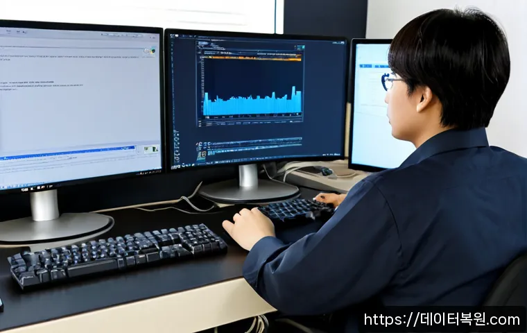 고양동 STATUS_KERNEL_PERMISSION_DENIED - Photorealistic IT support workstation in a quiet suburban Korean district, dual monitors showing abs...