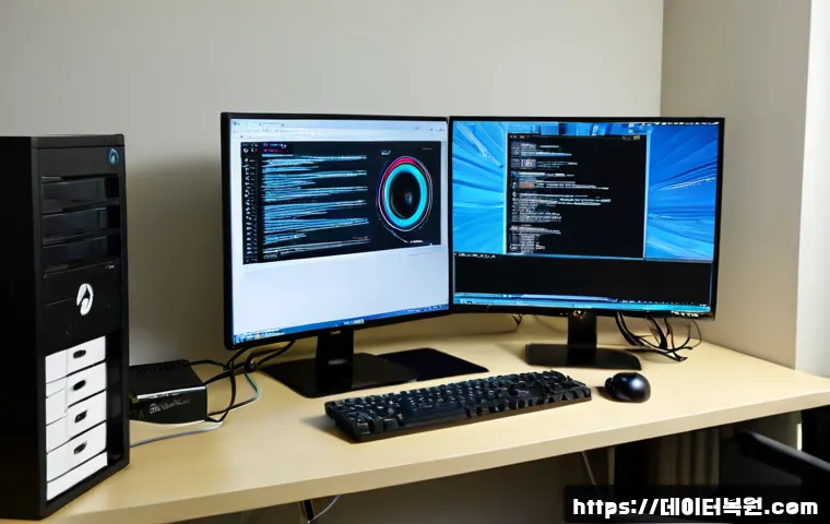 관문동 STATUS_SYSTEM_FILE_MISSING - Photorealistic IT support workstation in a compact Gwanmun-dong office, ultrawide monitor showing a ...