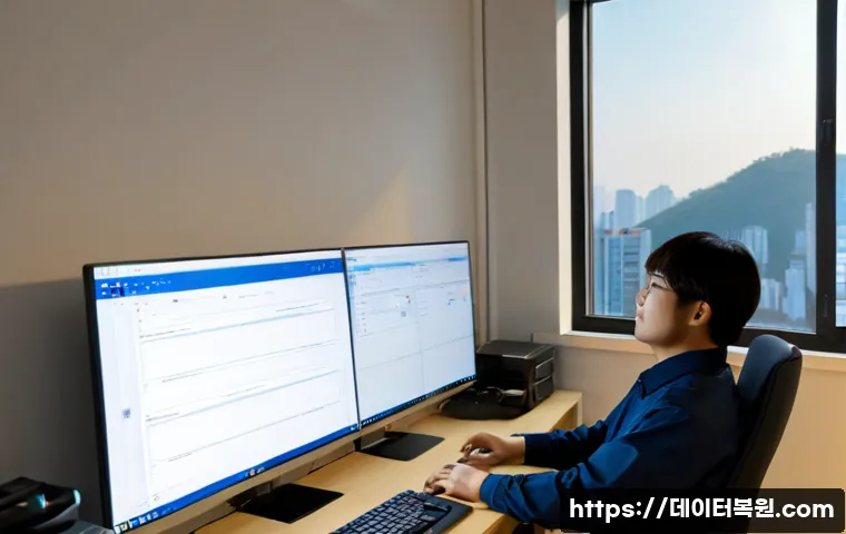 철산동 STATUS_FILE_IN_USE - Photorealistic IT support workstation in a compact Cheolsan-dong office, dual monitors showing a cle...