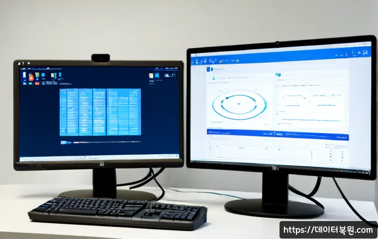 문배동 STATUS_KERNEL_CONFIGURATION_ERROR - Photorealistic IT technician workstation in a compact Yongsan-area office, dual monitors showing a b...