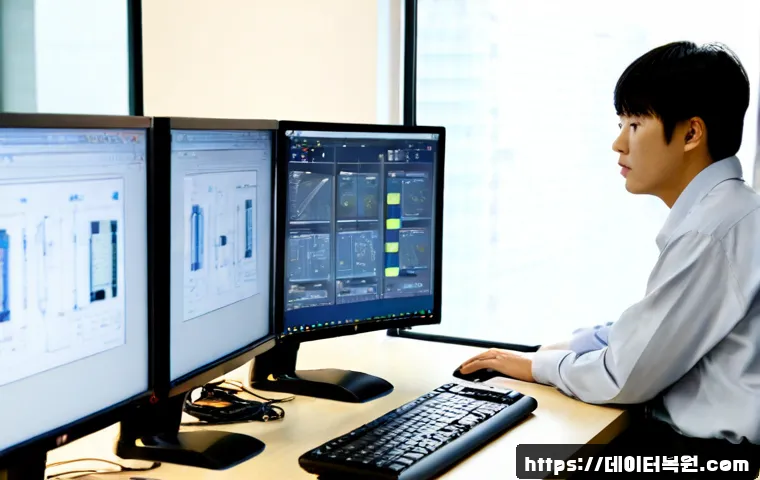 동숭동 STATUS_KERNEL_RESOURCE_ERROR - Photorealistic IT support workstation in a compact Dongsoong-dong creative studio, dual monitors sho...