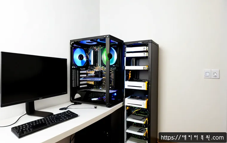 둔촌동 하드조립 및 교체수리 - Photorealistic PC repair workstation in a compact Dongchon-dong apartment office, technician install...