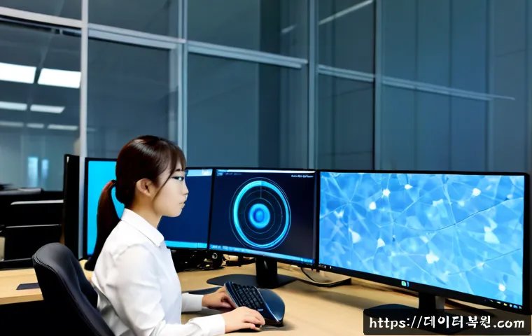 가산동 STATUS_IO_TIMEOUT - Photorealistic IT support workstation in a modern digital-industrial office, dual monitors showing a...