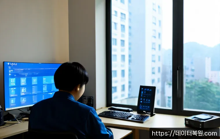목동 STATUS_KERNEL_HEAP_CORRUPTION - Photorealistic remote IT support workstation in a modern Mokdong apartment home office, dual monitor...