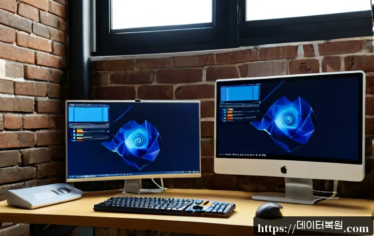 성수동 MACHINE_CHECK_EXCEPTION - Photorealistic industrial design workstation in a converted brick warehouse studio, dual monitors sh...