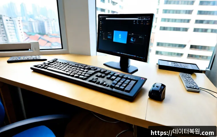 잠원동 f4키 누르라고 할때 - Photorealistic remote-support workstation in a bright Jamwon-dong apartment office, technician’s han...