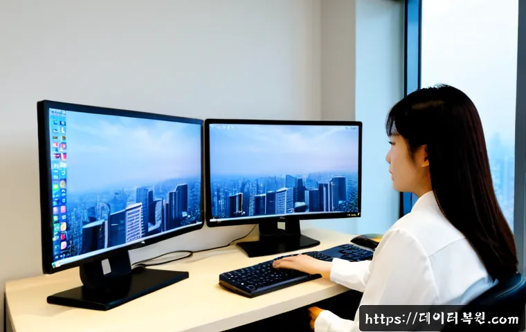 태평로 CDFS_FILE_SYSTEM - Photorealistic IT support workstation in a modern Taepyeong-ro office tower, dual monitors displayin...