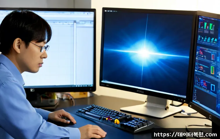 제기동 DRIVER_VERIFIER_DETECTED_VIOLATION - Photorealistic IT technician at a dual-monitor workstation diagnosing a severe desktop crash, abstra...