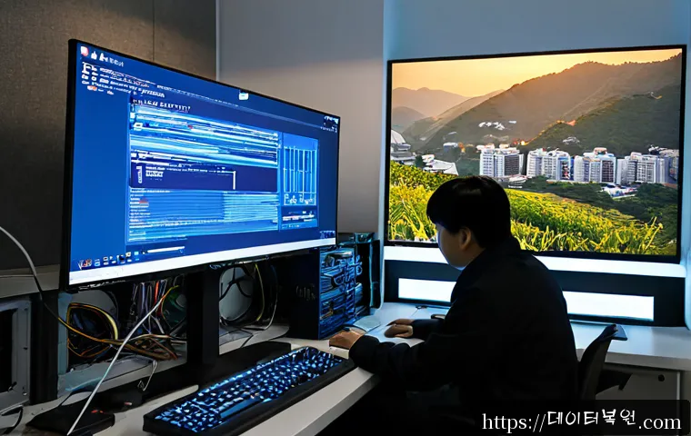장충동 STATUS_KERNEL_MODE_EXCEPTION - Photorealistic IT support workstation in a modern Seoul office near a quiet hillside district, dual ...