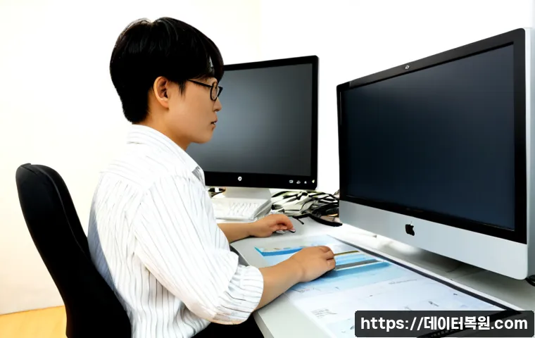 와룡동 STATUS_FILE_WRITE_FAILURE - Photorealistic desktop workstation in a compact Waryong-dong design studio, Korean architectural CAD...