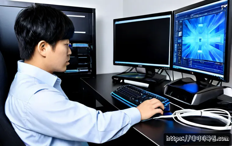 시흥동 WIN32K_LOCK_HELD_TOO_LONG - Photorealistic IT support workstation in a compact Siheung-dong office, dual monitors showing a froz...
