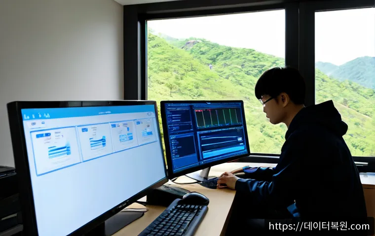 진관동 WIN32K_POWER_WATCHDOG_TIMEOUT - Photorealistic remote IT support workstation in Jingwan-dong, dual monitors showing a blank blue sys...