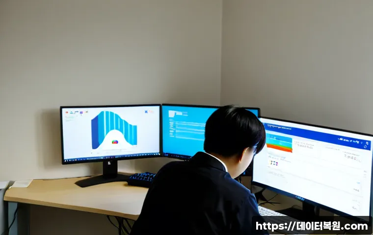 적선동 STATUS_STACK_UNDERFLOW - Photorealistic remote-support workstation in a compact Jongno district office, dual monitors showing...