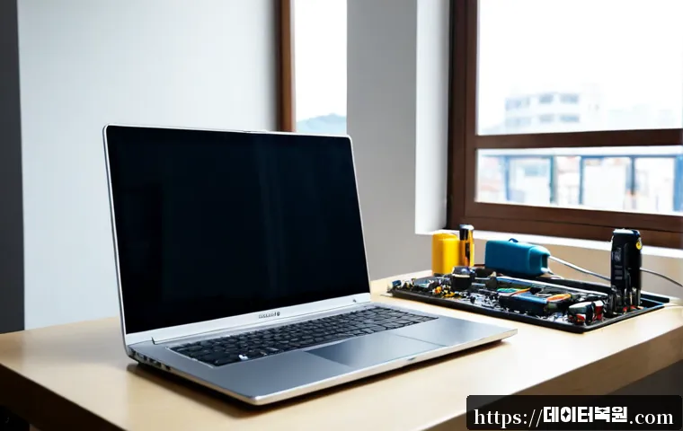 보라매동 맥북프로 판매 및 수리 - Photorealistic premium aluminum laptop repair workstation in Boramae-dong, technician carefully repl...