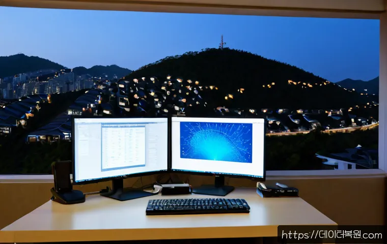 청파동 STATUS_FLOAT_INVALID_OPERATION - Photorealistic software engineer workstation in Cheongpa-dong, Seoul, dual monitors showing abstract...