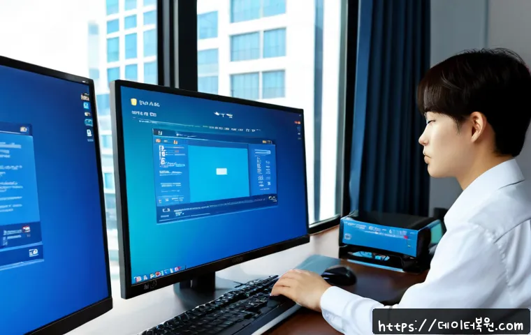 율현동 FAT32_FILE_SYSTEM - Photorealistic IT support workstation in a modern Yulhyeon-dong apartment office, dual monitors show...