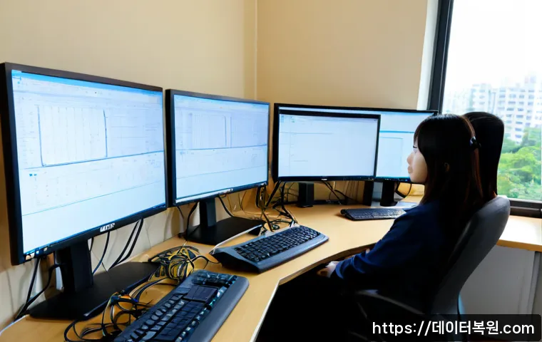 원당동 STATUS_KERNEL_CONNECTION_TIMEOUT - Photorealistic IT support workstation in a compact Korean neighborhood office, dual monitors showing...